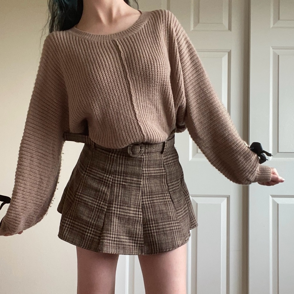 Brown Ribbed Sweater and Plaid Skirt Set